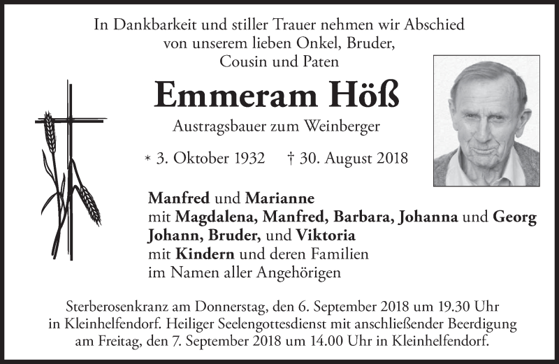  Traueranzeige für Emmeram Höß vom 05.09.2018 aus merkurtz