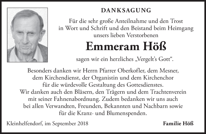  Traueranzeige für Emmeram Höß vom 22.09.2018 aus merkurtz