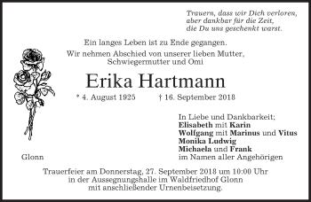 Traueranzeige von Erika Hartmann von merkurtz