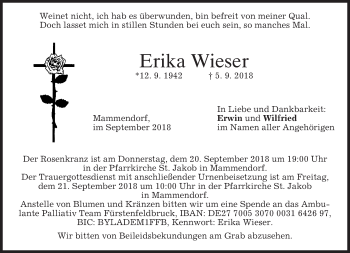 Traueranzeige von Erika Wieser von merkurtz