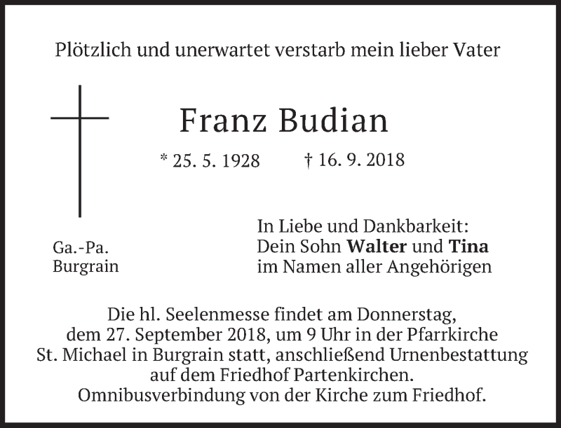  Traueranzeige für Franz Budian vom 22.09.2018 aus merkurtz