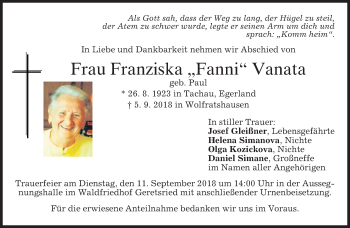 Traueranzeige von Franziska Vanata von merkurtz