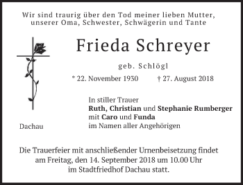 Traueranzeige von Frieda Schreyer von merkurtz