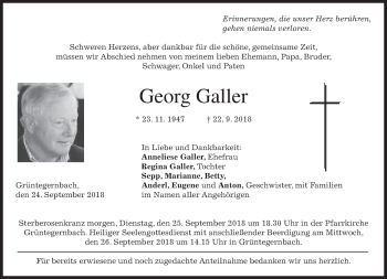 Traueranzeige von Georg Galler von merkurtz