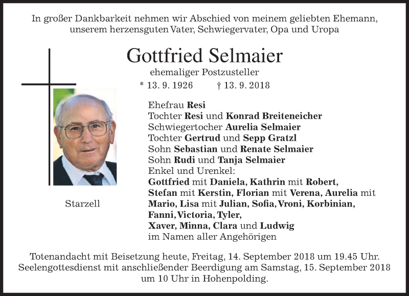  Traueranzeige für Gottfried Selmaier vom 14.09.2018 aus merkurtz
