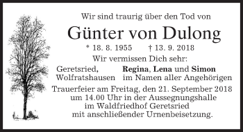 Traueranzeige von Günter von Dulong von merkurtz