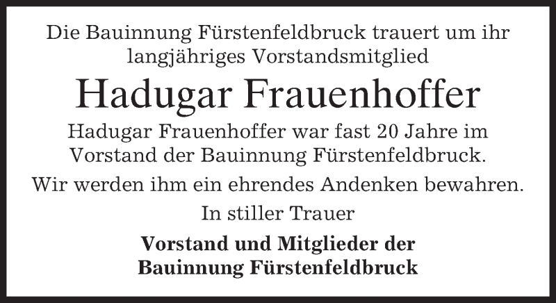  Traueranzeige für Hadugar Frauenhoffer vom 06.09.2018 aus merkurtz
