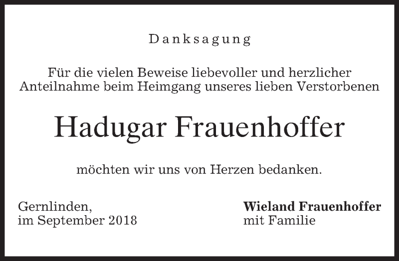  Traueranzeige für Hadugar Frauenhoffer vom 15.09.2018 aus merkurtz