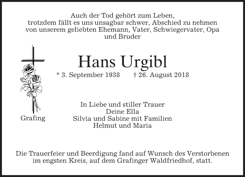  Traueranzeige für Hans Urgibl vom 08.09.2018 aus merkurtz