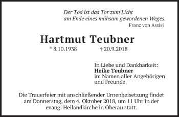 Traueranzeige von Hartmut Teubner von merkurtz