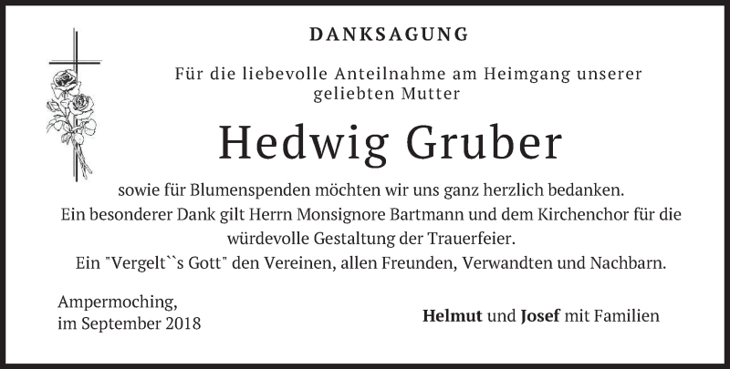  Traueranzeige für Hedwig Gruber vom 15.09.2018 aus merkurtz
