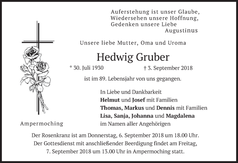  Traueranzeige für Hedwig Gruber vom 05.09.2018 aus merkurtz