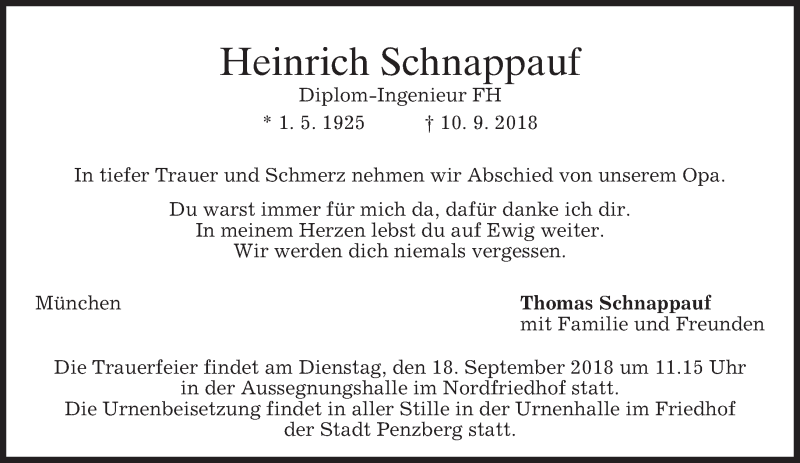  Traueranzeige für Heinrich Schnappauf vom 15.09.2018 aus merkurtz