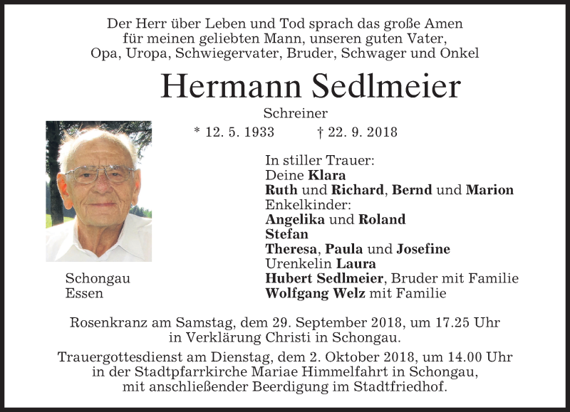 Traueranzeigen von Hermann Sedlmeier | trauer.merkur.de