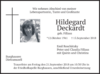 Traueranzeige von Hildegard Deckardt von merkurtz