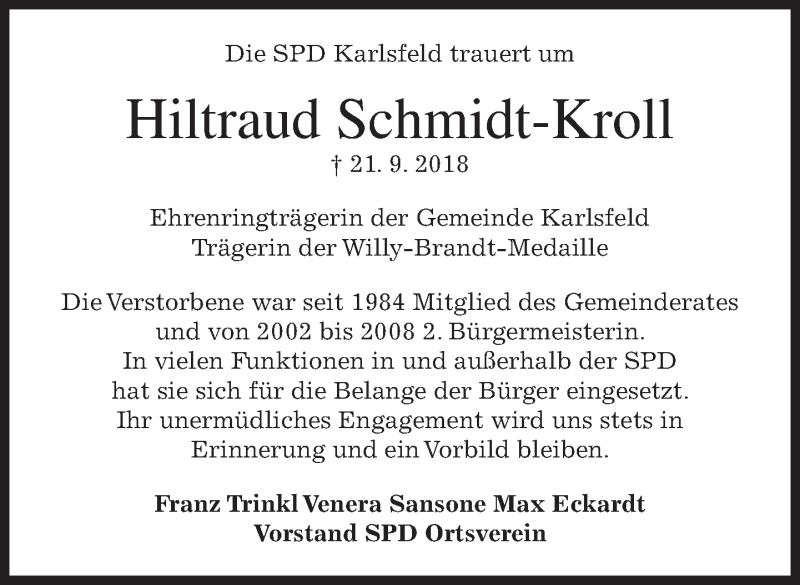  Traueranzeige für Hiltraud Schmidt-Kroll vom 24.09.2018 aus merkurtz