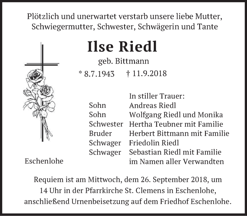  Traueranzeige für Ilse Riedl vom 22.09.2018 aus merkurtz
