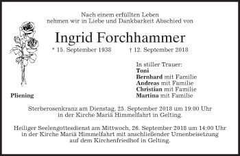 Traueranzeige von Ingrid Forchhammer von merkurtz