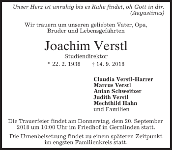 Traueranzeige von Joachim Verstl von merkurtz