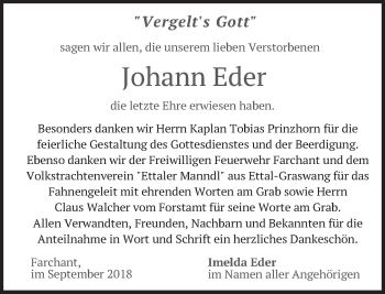Traueranzeige von Johann Eder von merkurtz