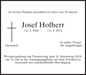 Traueranzeige von Josef Hofherr von merkurtz