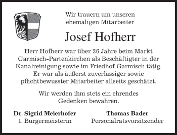 Traueranzeige von Josef Hofherr von merkurtz