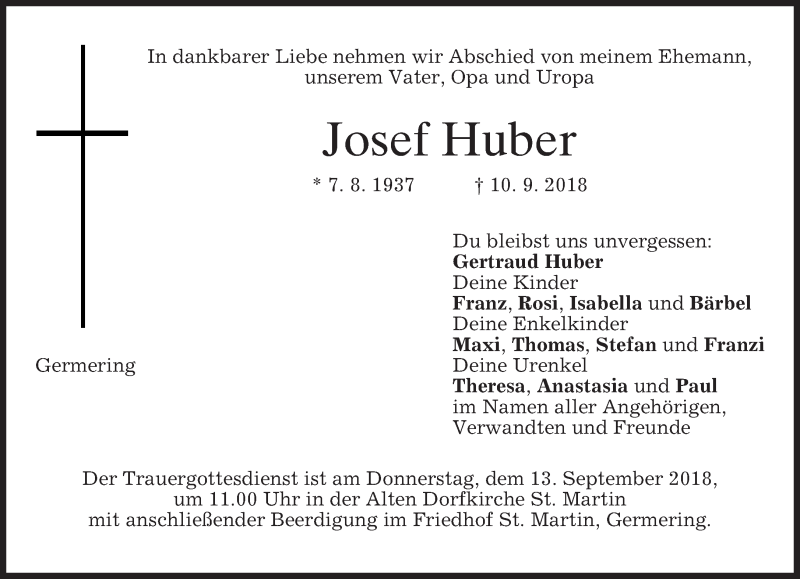  Traueranzeige für Josef Huber vom 12.09.2018 aus merkurtz