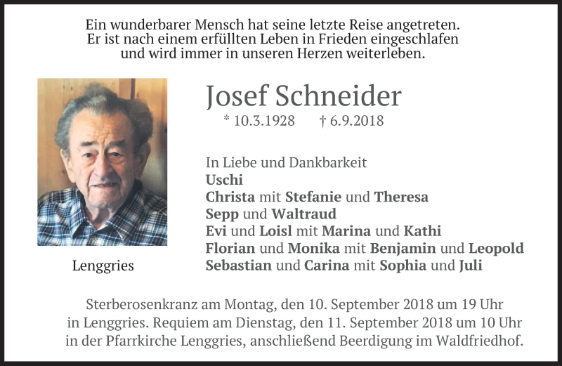  Traueranzeige für Josef Schneider vom 08.09.2018 aus merkurtz