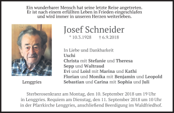 Traueranzeigen von Josef Schneider | trauer.merkur.de