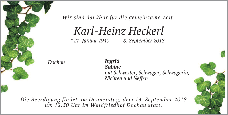  Traueranzeige für Karl-Heinz Heckerl vom 11.09.2018 aus merkurtz