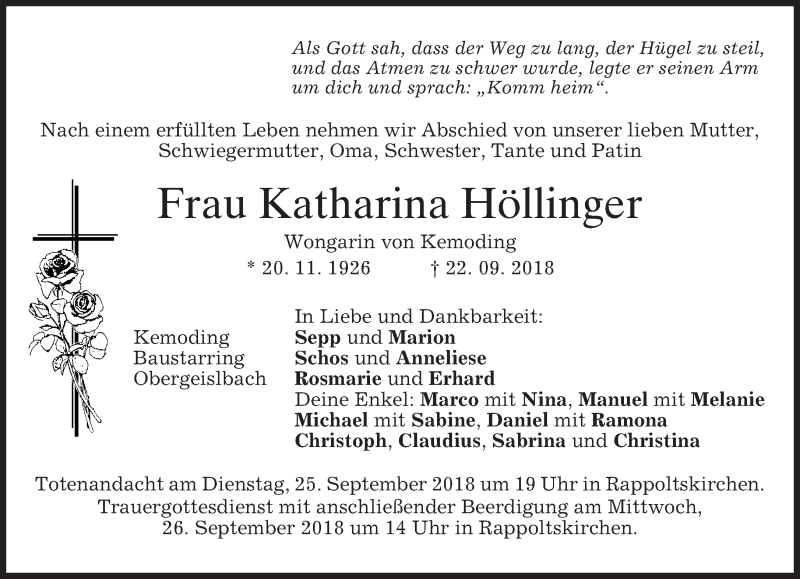  Traueranzeige für Katharina Höllinger vom 24.09.2018 aus merkurtz