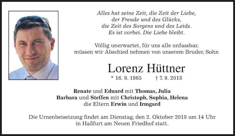 Traueranzeige für Lorenz Hüttner vom 29.09.2018 aus merkurtz