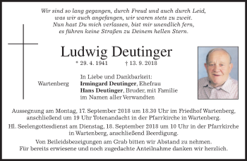 Traueranzeige von Ludwig Deutinger von merkurtz
