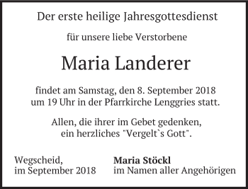 Traueranzeige von Maria Landerer von merkurtz