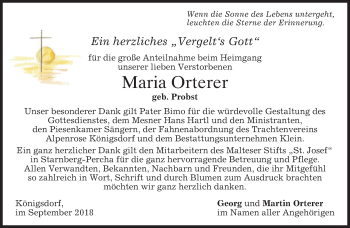 Traueranzeige von Maria Orterer von merkurtz