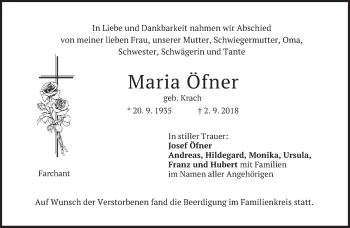 Traueranzeige von Maria Öfner von merkurtz