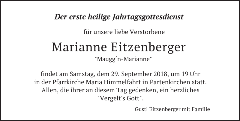  Traueranzeige für Marianne Eitzenberger vom 22.09.2018 aus merkurtz