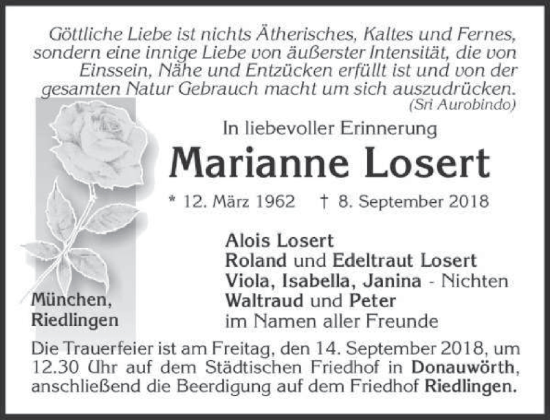  Traueranzeige für Marianne Losert vom 12.09.2018 aus merkurtz