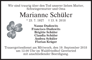 Traueranzeige von Marianne Schüler von merkurtz