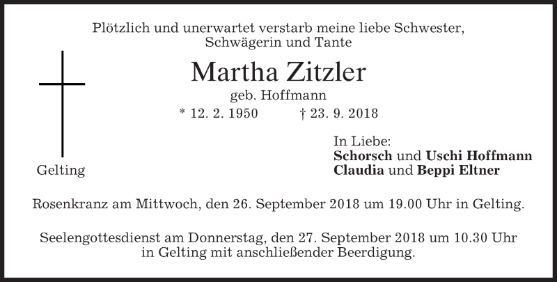  Traueranzeige für Martha Zitzler vom 25.09.2018 aus merkurtz