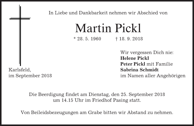  Traueranzeige für Martin Pickl vom 22.09.2018 aus merkurtz