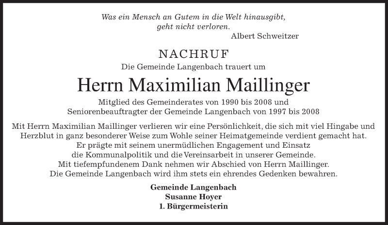  Traueranzeige für Maximilian Maillinger vom 12.09.2018 aus merkurtz
