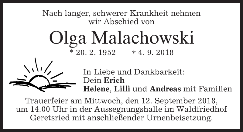  Traueranzeige für Olga Malachowski vom 08.09.2018 aus merkurtz