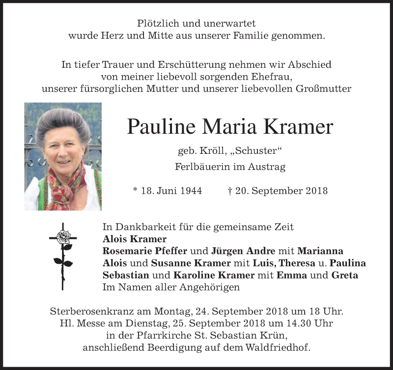  Traueranzeige für Pauline Maria Kramer vom 22.09.2018 aus merkurtz