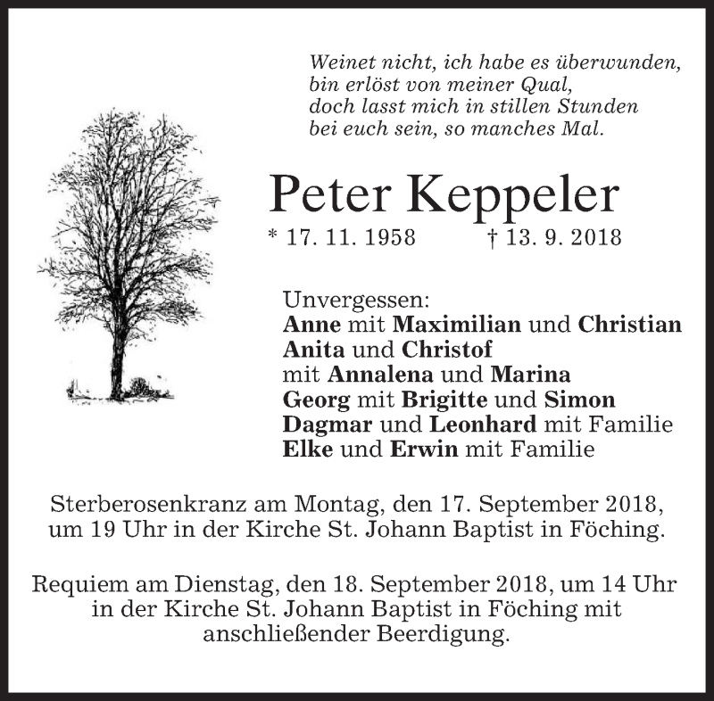  Traueranzeige für Peter Keppeler vom 15.09.2018 aus merkurtz