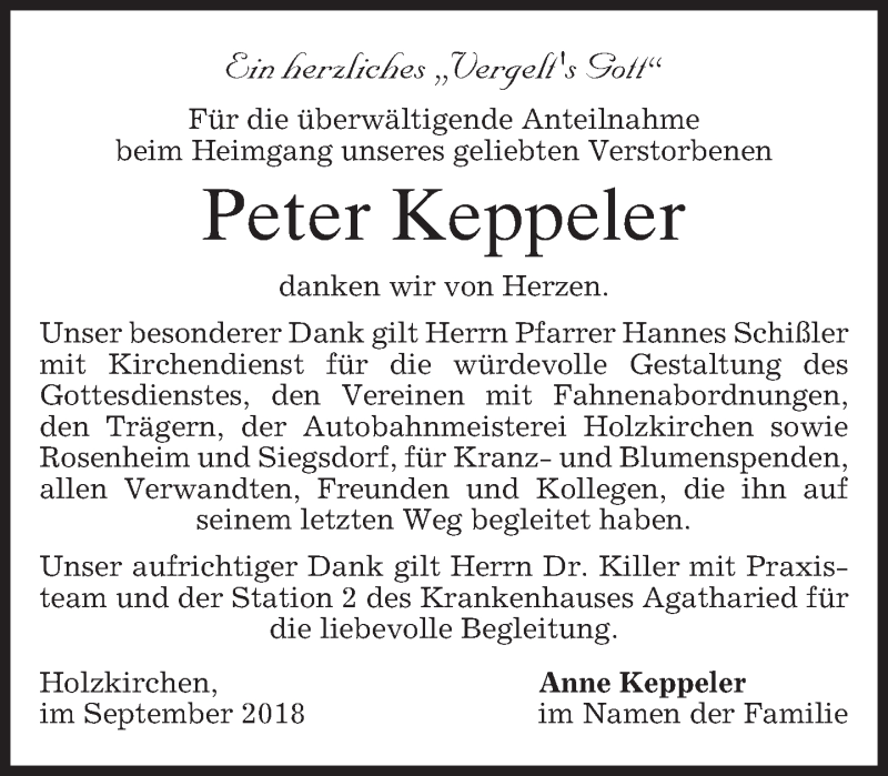  Traueranzeige für Peter Keppeler vom 29.09.2018 aus merkurtz