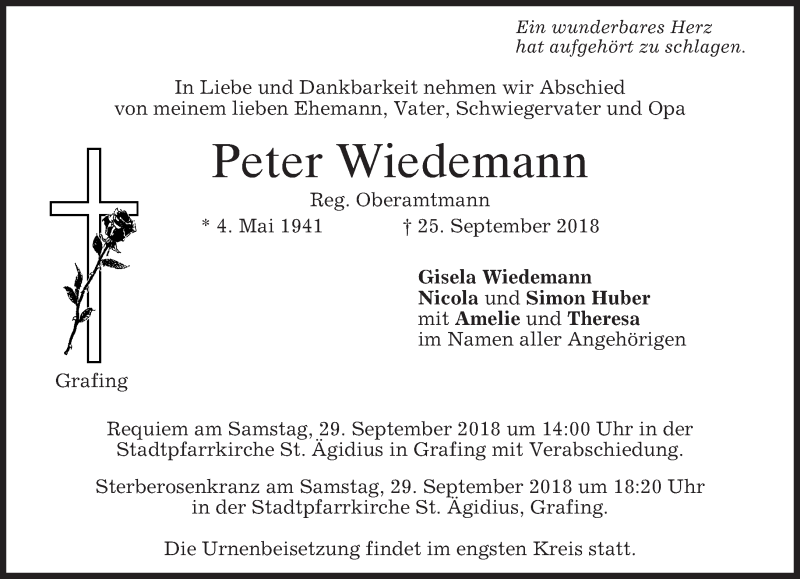  Traueranzeige für Peter Wiedemann vom 27.09.2018 aus merkurtz