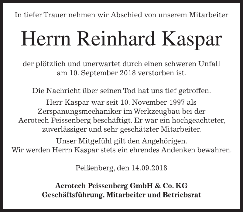  Traueranzeige für Reinhard Kaspar vom 14.09.2018 aus merkurtz