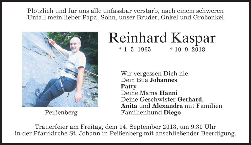  Traueranzeige für Reinhard Kaspar vom 12.09.2018 aus merkurtz