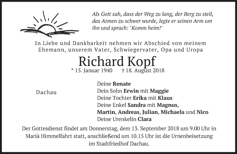  Traueranzeige für Richard Kopf vom 08.09.2018 aus merkurtz